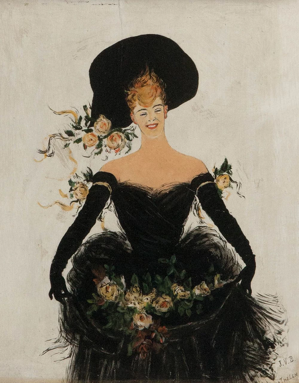 Ragazza di fiori in abito di pizzo nero, guanti lunghi e cappello